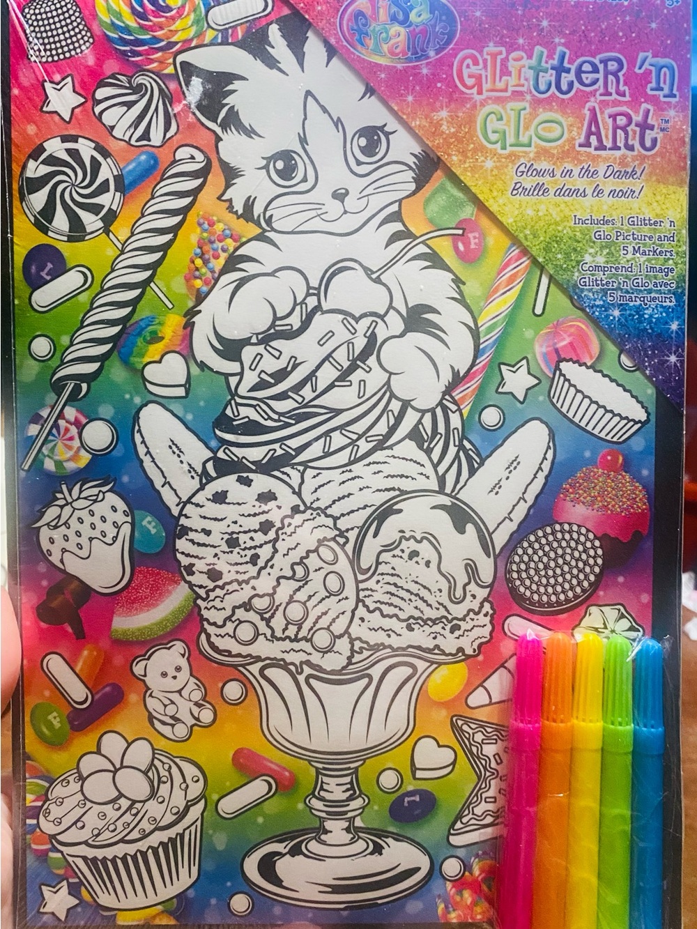 Lisa Frank Neon Rainbow Glitter 'n Glo Art – Pink, Yellow, Green, Blue 5 markers